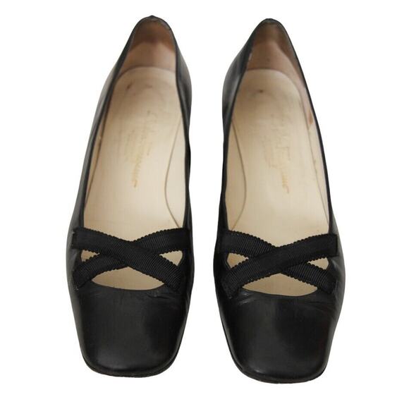 Salvatore Ferragamo Black Leather Elastic Crisscross Square Toe Pumps - Picture 2 of 9